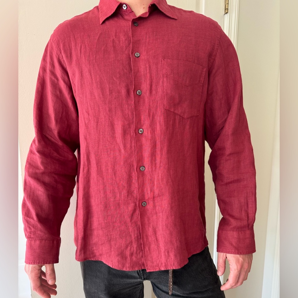 Barney’s New York Men's Red/Burgundy Belgian Linen Shirt